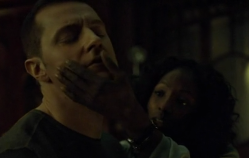 Dolarhyde (Richard Armitage) finds Reba's touch problematic, in Hannibal 3.10. Screencap (as is).