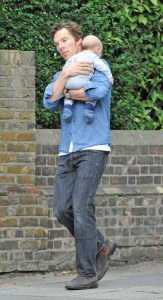 Exclusive Benedict Cumberbatch spotted in Hampstead heath high street with his new baby Christopher and his is wife getting a coffee and running some errands. Pic TillenDove 180915